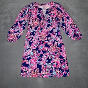 Lilly Pulitzer Emery Dress Womens Small Blue Pink Paisley Floral Boho 3/4 Sleeve